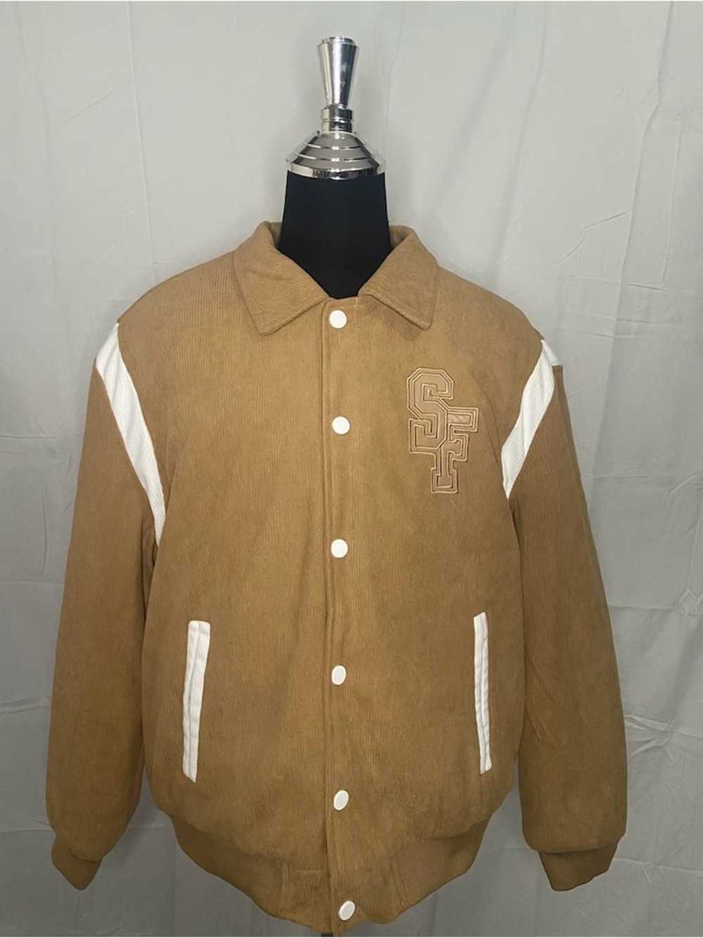 Corduroy Bomber Jacket in Tan with White Trim